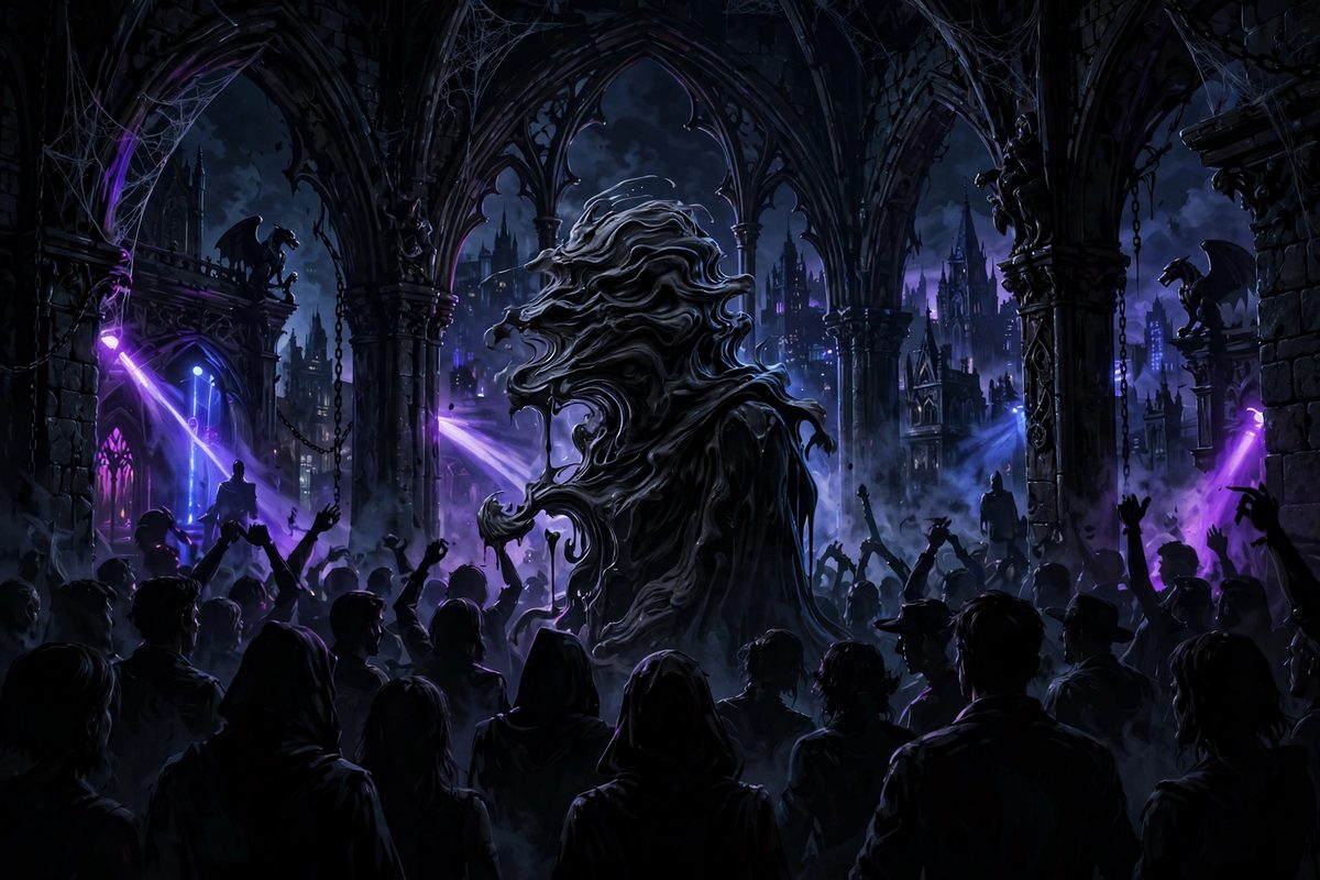 Illustration: a gothic nightclub at night where a shadowy figure's face ripples like wet clay
