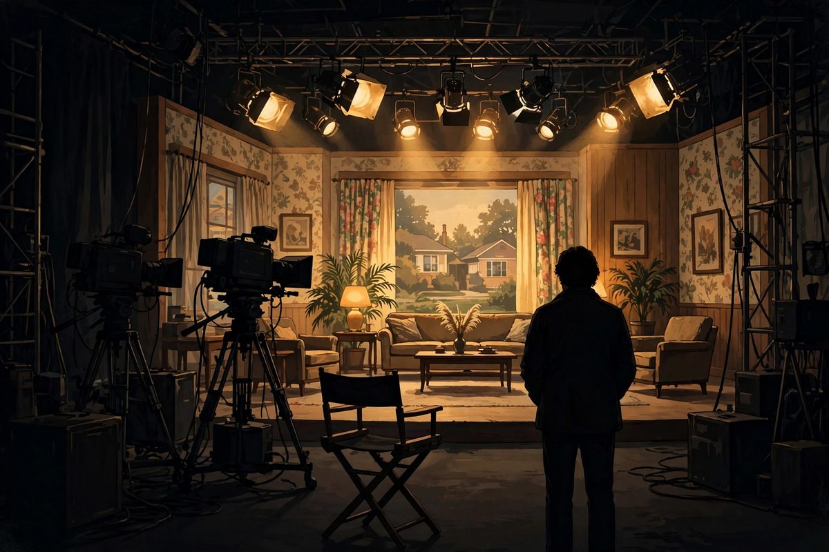 Illustration: a silhouetted figure seen from behind alone on a warmly lit vintage television studio set, empty director's chair nearby