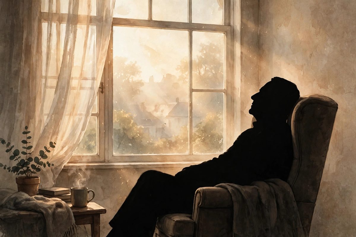 Illustration: an elderly man resting by a window