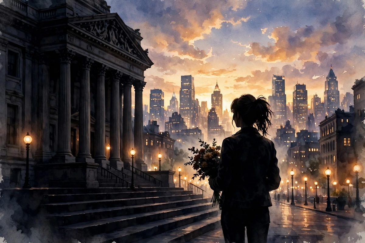Illustration: a lone woman standing on courthouse steps at dusk in New York City, holding flowers