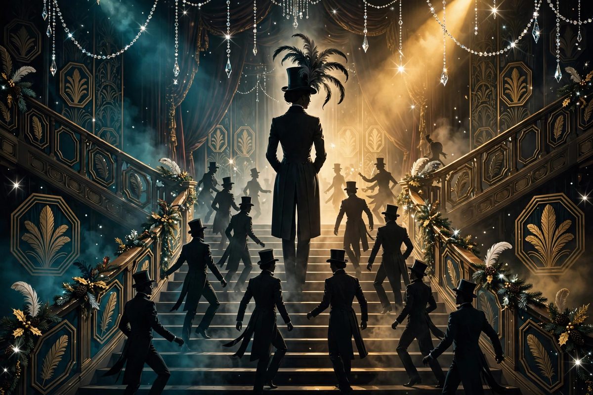 Illustration: a silhouetted performer in a top hat and tailcoat on a grand staircase, surrounded by dancers, crystal garlands and octagonal stage panels, face not shown
