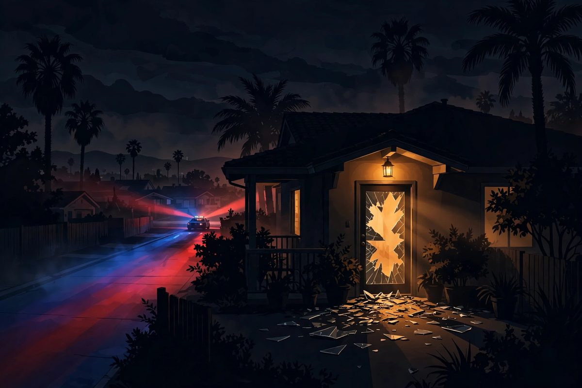 Illustration: a Los Angeles home at night with a shattered back door and police lights