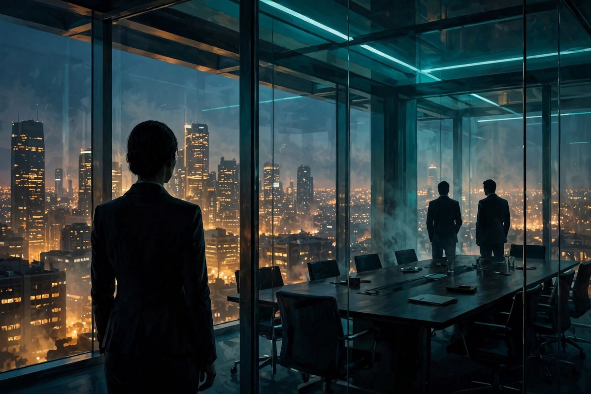 Illustration: a silhouetted woman in a tailored suit seen from behind in a glass-walled boardroom at dusk, with two silhouetted men in the distance, faces not shown, no text