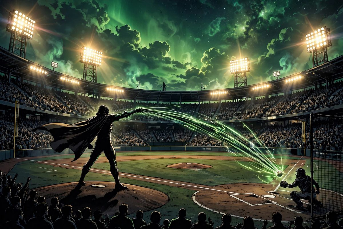 Illustration: a superhero silhouette throwing a ceremonial first pitch from a stadium mound under floodlights