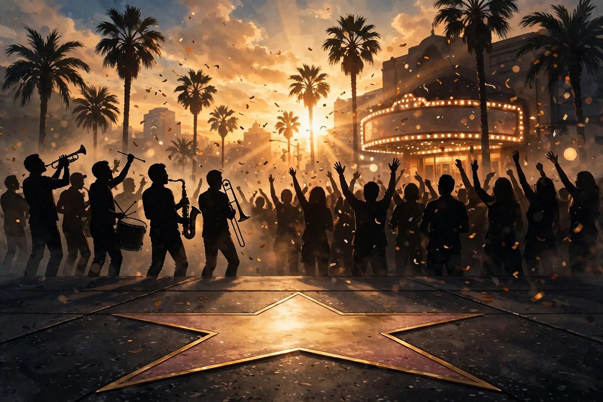 Illustration: a brass star set into a dark Hollywood sidewalk at sunset, with a silhouetted crowd, palm trees and a glowing theatre marquee, faces not shown, no text