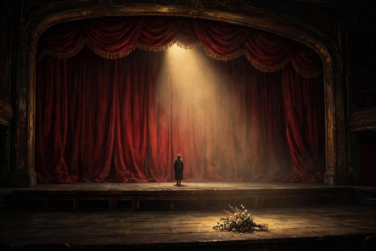 Illustration: a lone actress silhouette seen from behind on an empty Broadway stage in a single warm spotlight before a red curtain, faces not shown