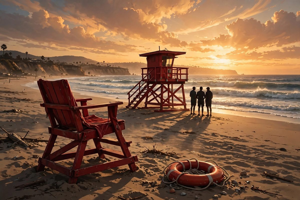 Illustration: silhouetted lifeguards beside a red lifeguard tower on a sunlit beach at golden hour