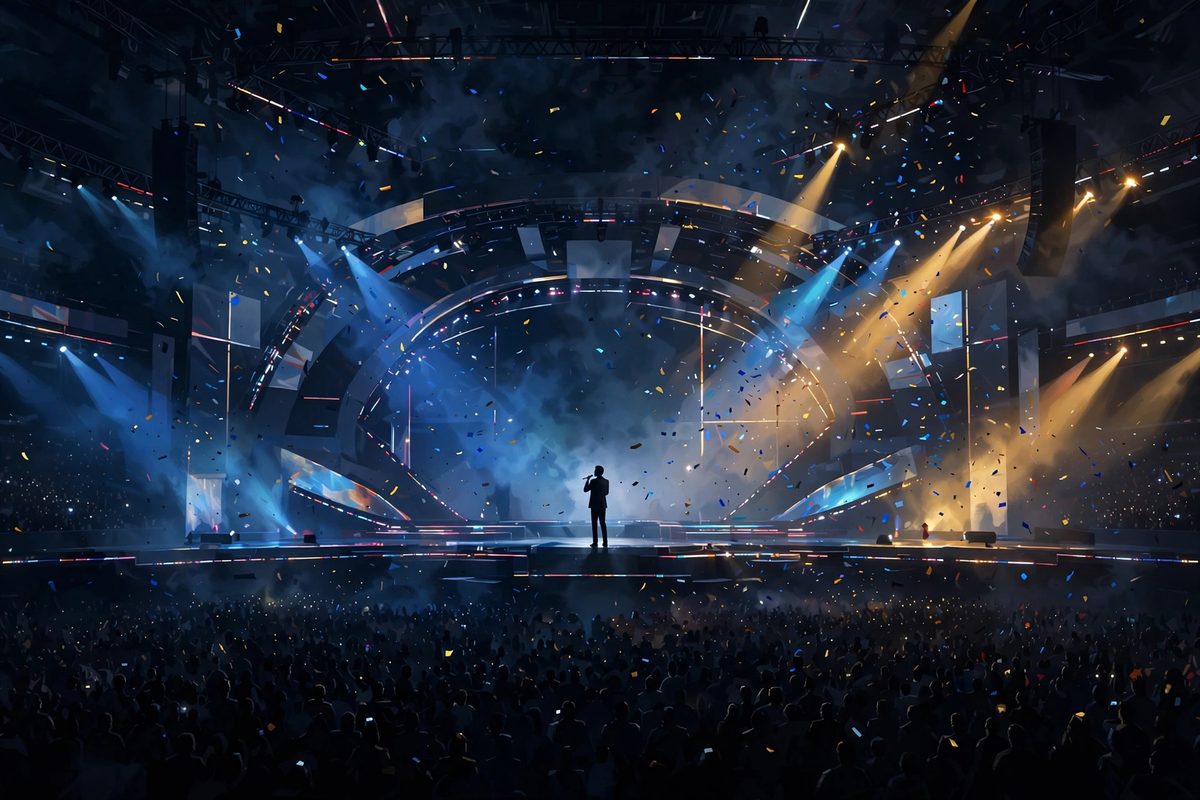 Illustration: a silhouetted singer on a glowing Eurovision-style stage under blue and gold spotlights
