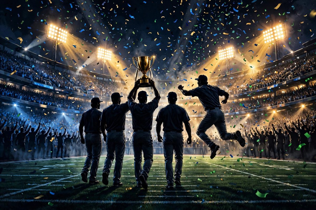 Illustration: silhouetted baseball players seen from behind holding a golden trophy aloft on a floodlit football field at night, crowd cheering, confetti falling, faces not shown, no text