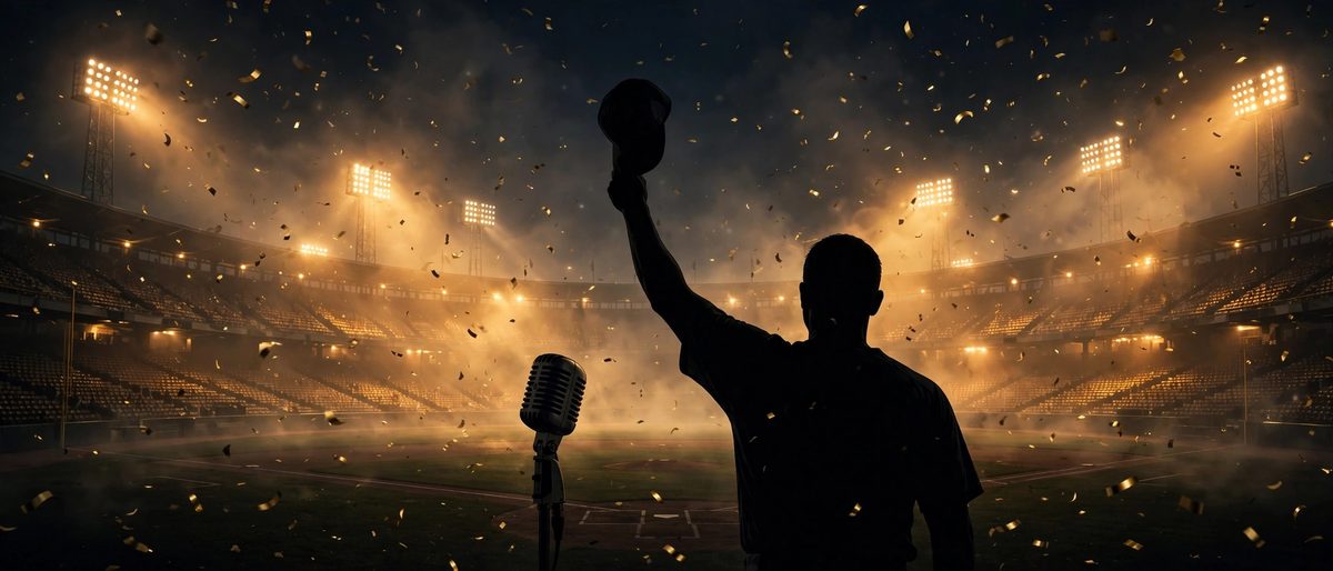 Illustration: a baseball player seen from behind as a silhouette raising his cap toward floodlit stadium lights, gold confetti falling, a vintage broadcast microphone beside him, no faces shown, no text