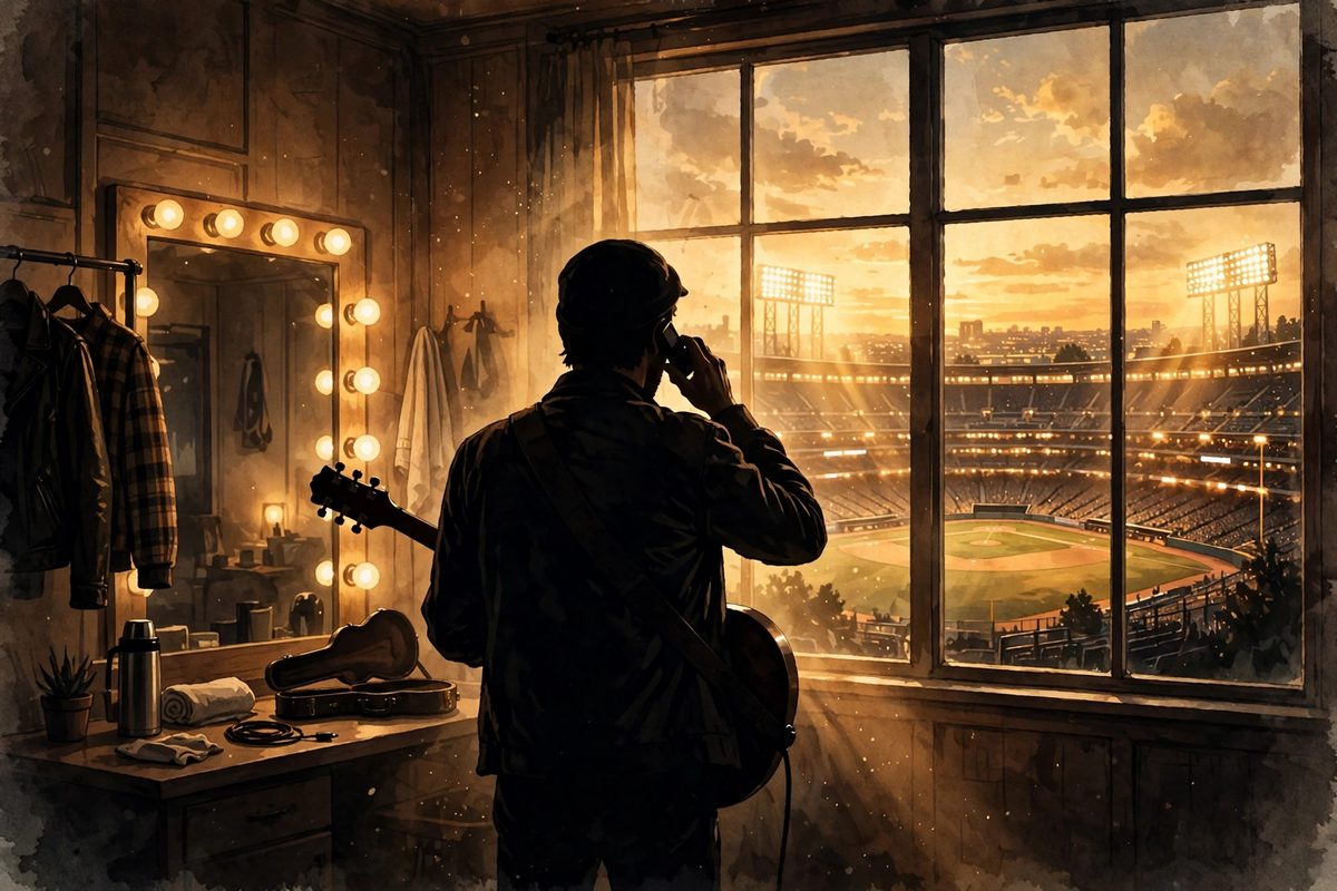 Illustration: a silhouetted musician holding a guitar on a phone call in a warmly lit room, a baseball stadium glowing through the window behind him