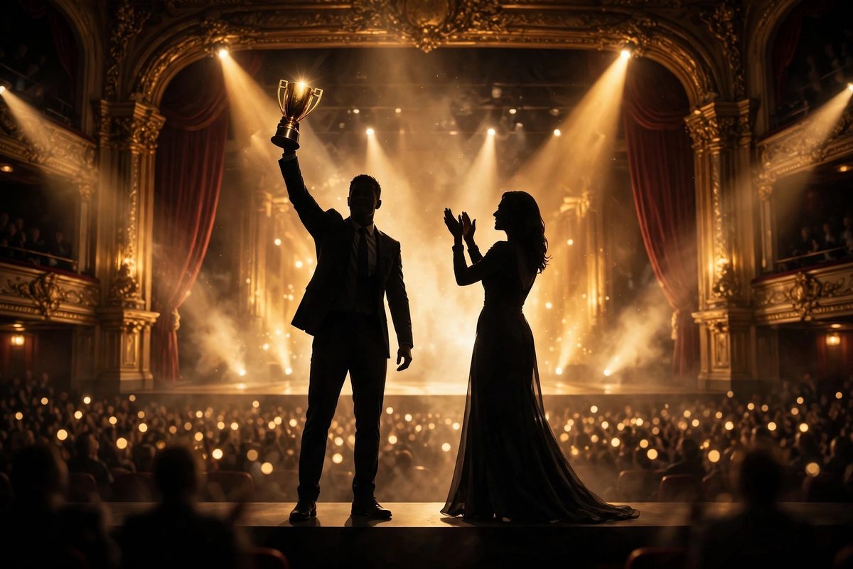 Illustration: a silhouetted footballer holding a golden trophy on a theatre stage as a singer applauds beside him