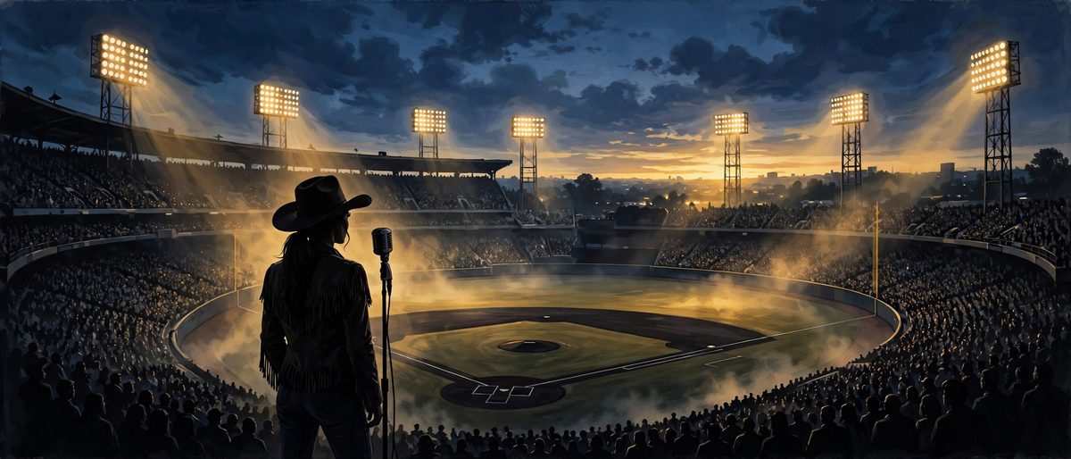 Illustration: a silhouetted singer at a microphone on a baseball field at dusk, under stadium floodlights