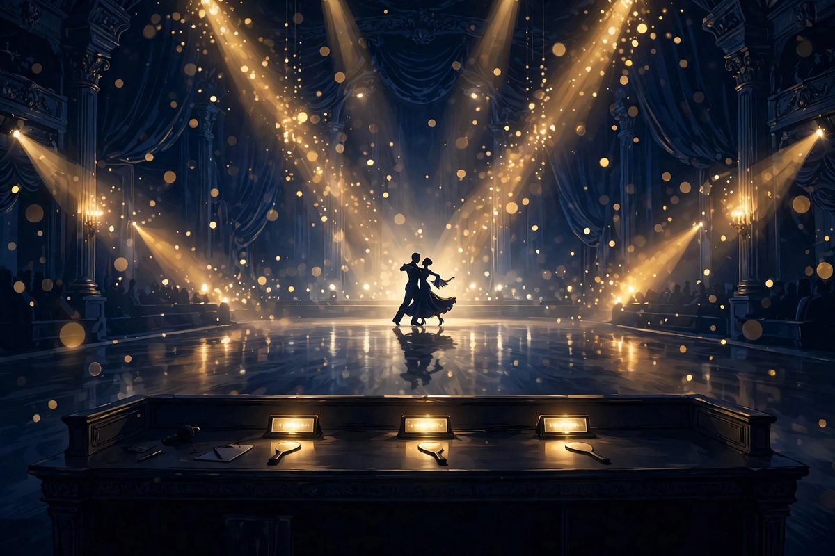 Illustration: a silhouetted ballroom dancing couple under golden spotlights, seen from behind the judges' desk