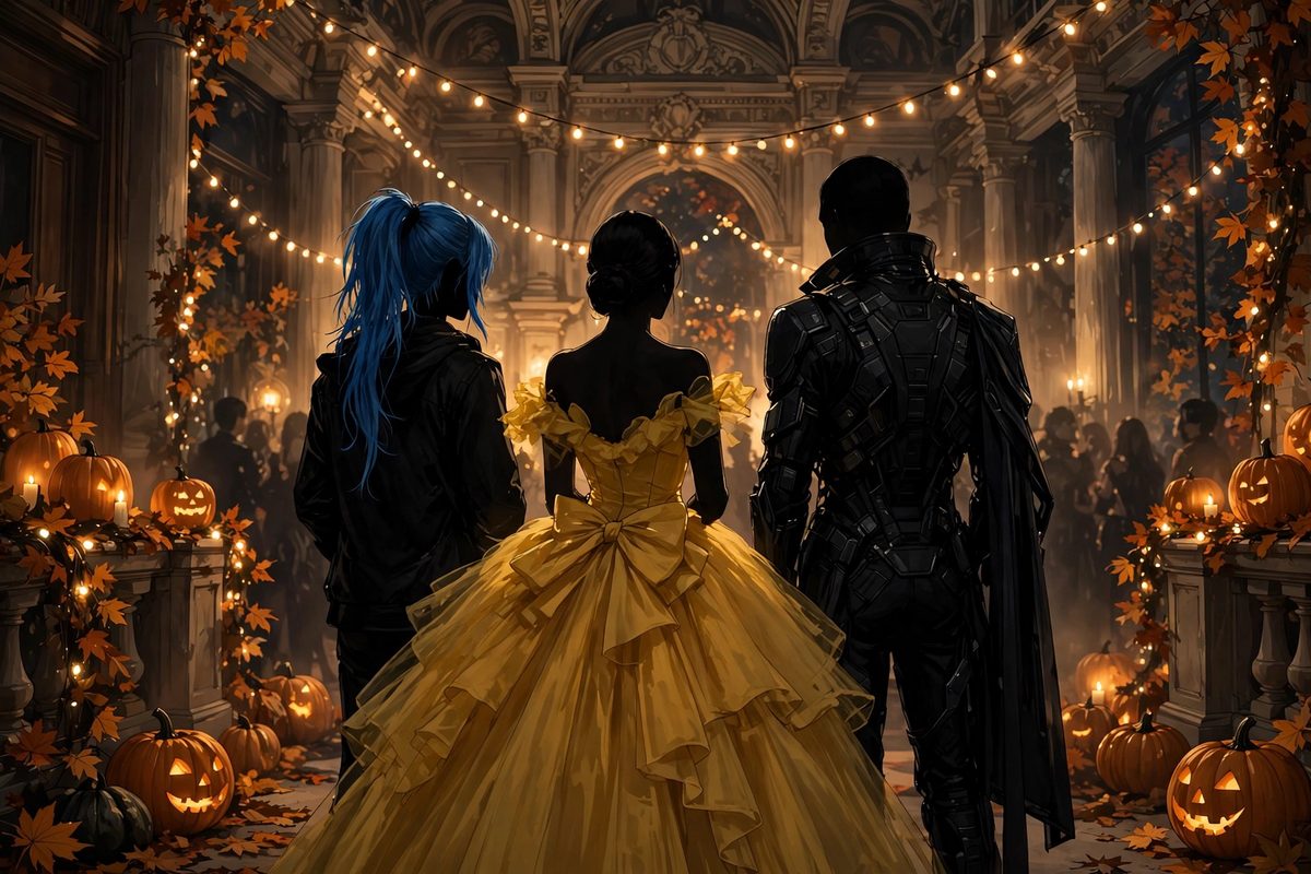 Illustration: silhouetted costumed party guests seen from behind in a warmly lit hall with glowing carved pumpkins and string lights, faces not shown, no text