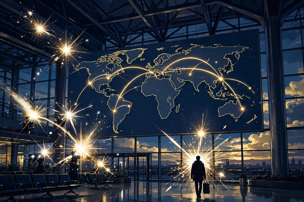 Illustration: a traveller with a suitcase in an airport beneath a world map of glowing flight routes