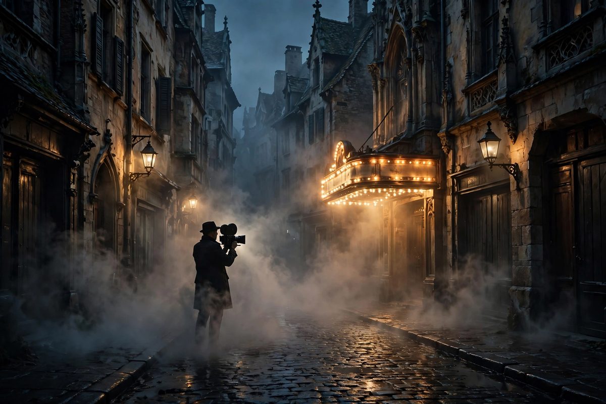 Illustration: a foggy gothic European street at dusk with a silhouetted filmmaker and a glowing cinema marquee