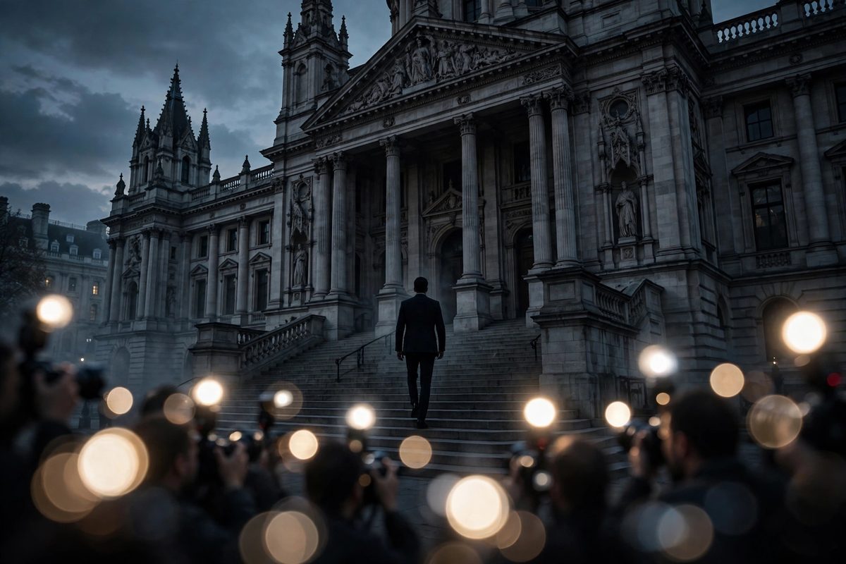 Illustration: a silhouetted man in a dark suit walking up the steps of a grand London courthouse at dusk, with camera flashes in the foreground