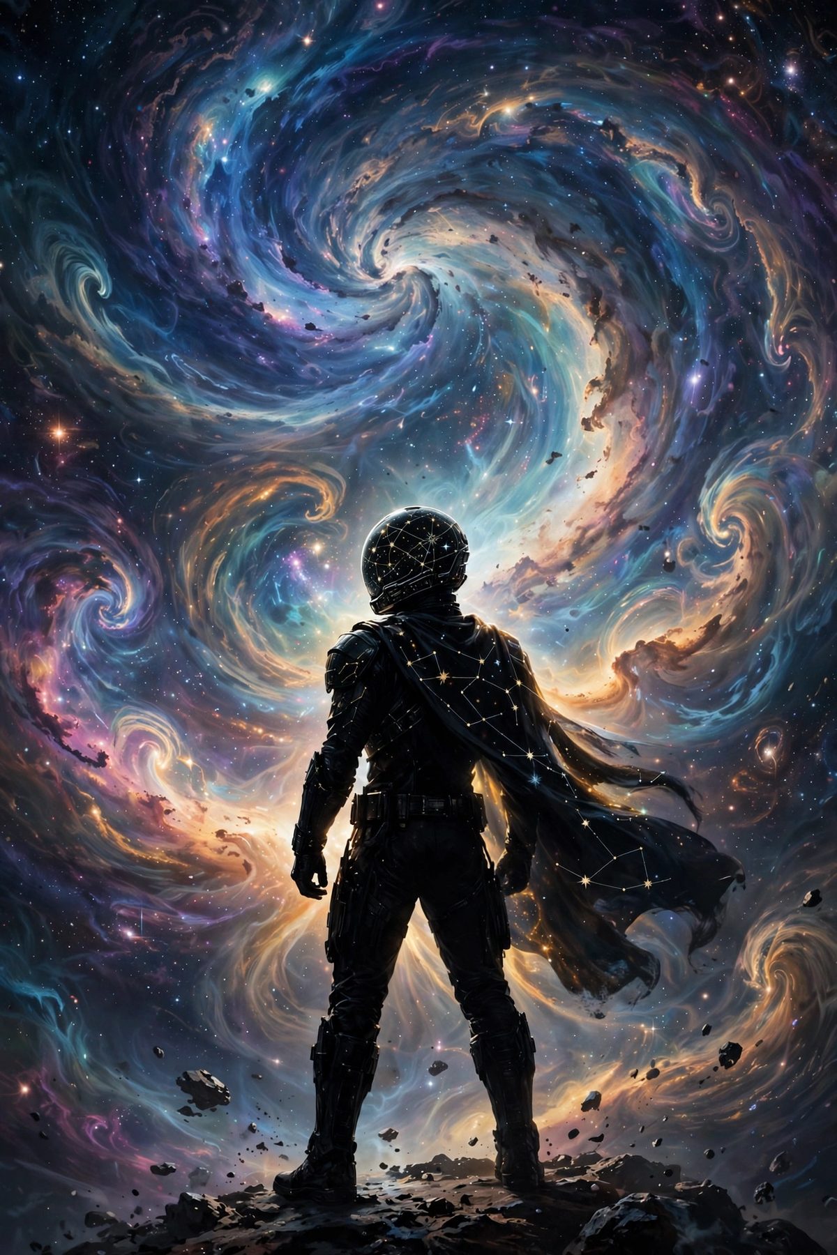 Illustration: a masked space hero silhouette facing a swirling galaxy