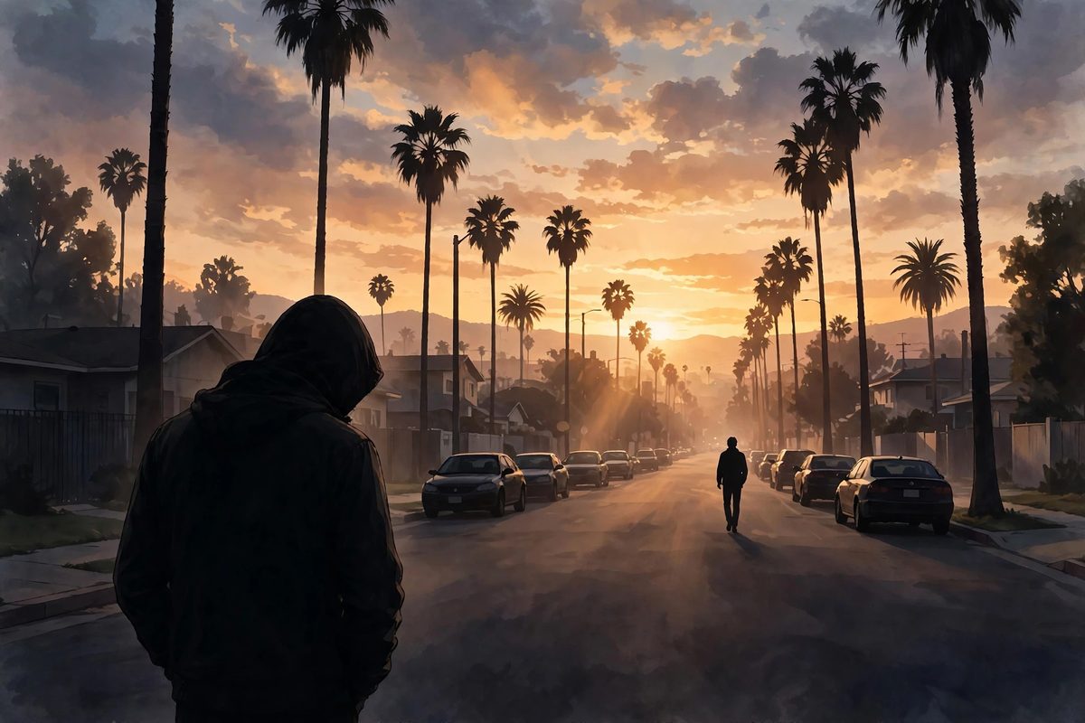 Illustration: two silhouetted figures walking apart on a quiet street at dusk