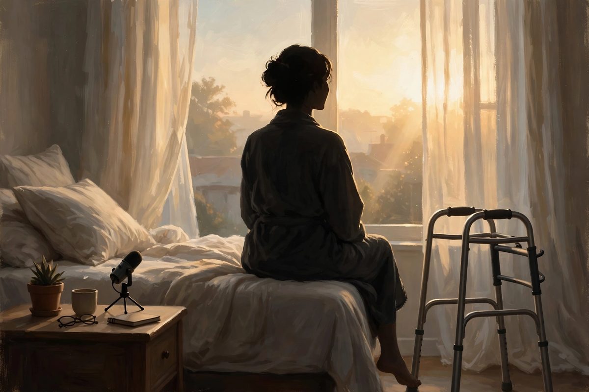 Illustration: a silhouetted woman seen from behind sitting on the edge of a bed by a bright window at dawn, a walker beside the bed and a podcast microphone on the bedside table