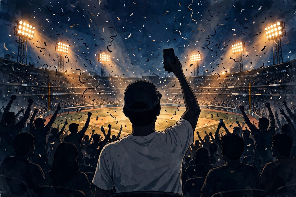 Illustration: a young man seen from behind in a white T-shirt and backwards baseball cap filming the field from crowded stadium stands at night, faces not shown, no text