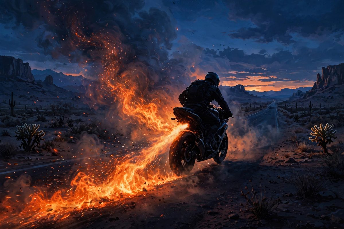 Illustration: a silhouetted motorcycle rider in a helmet seen from behind on a dark desert highway at dusk, flames and sparks streaming behind the bike