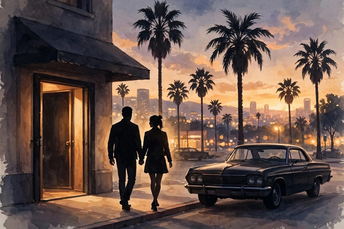 Illustration: a stylish couple stepping out of a Los Angeles recording studio at dusk, a vintage car waiting at the curb