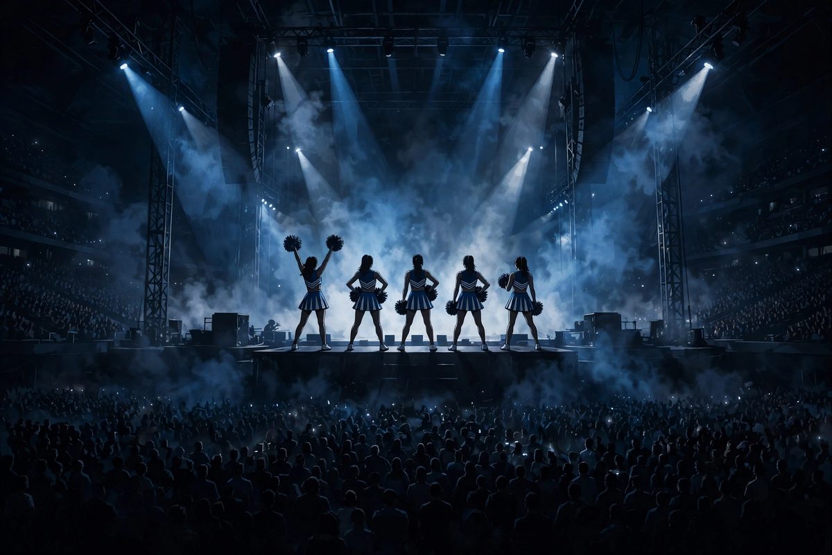 Illustration: silhouetted dancers in blue-and-white cheerleader-style uniforms on a dark concert stage under spotlights