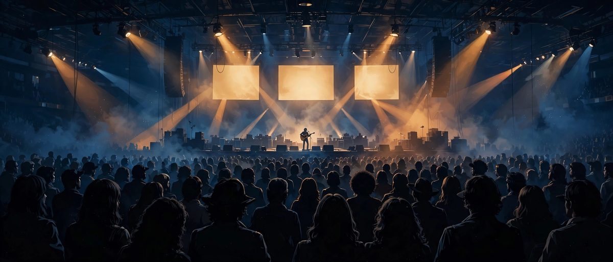 Illustration: a lone silhouetted singer on a vast arena stage under spotlights, seen from a dark crowd before glowing screens