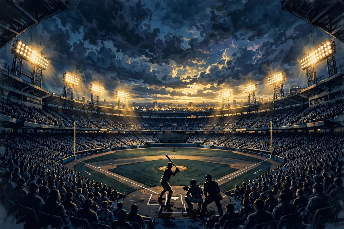 Illustration: a silhouetted batter at home plate in a floodlit baseball stadium at night, with a packed crowd in the stands