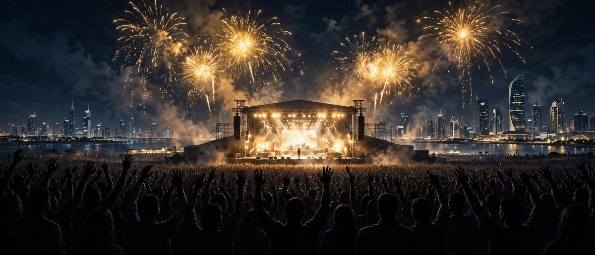 Illustration: a silhouetted performer on a bright concert stage at night with fireworks above a crowd, face not shown, no text