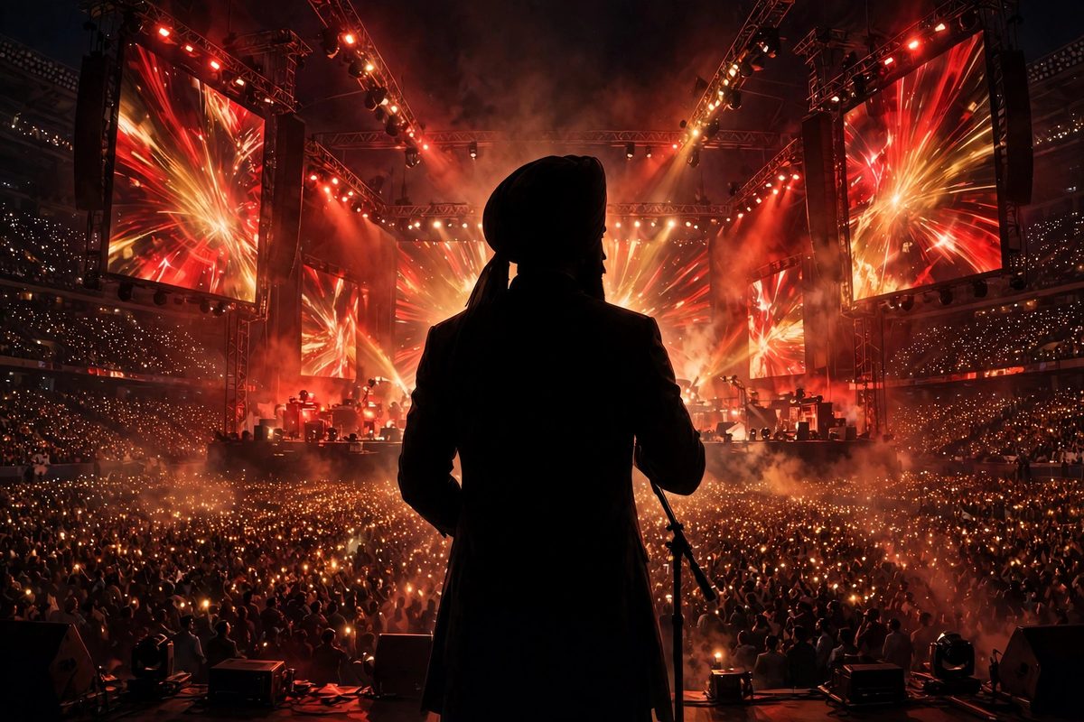Illustration: a singer on a stadium stage