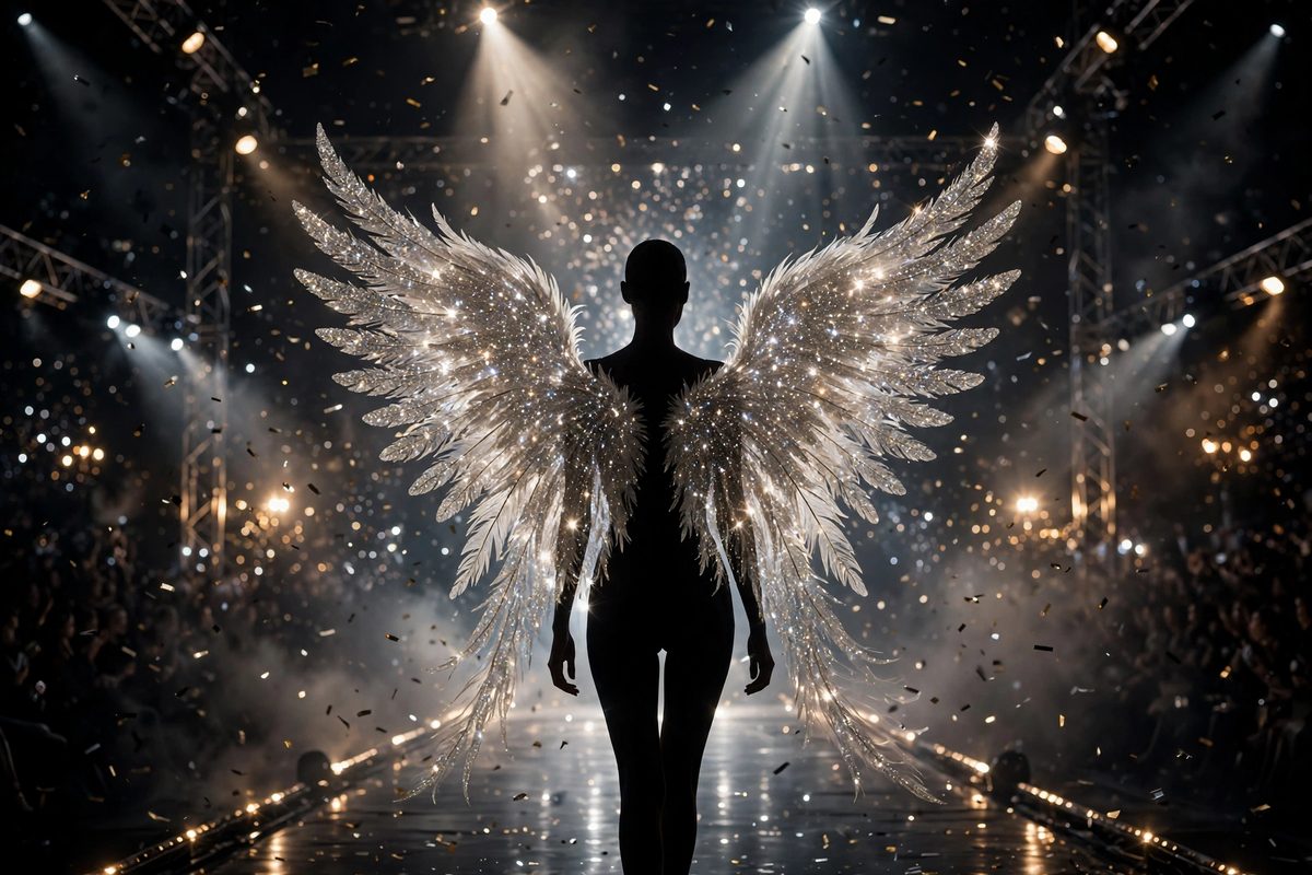 Illustration: a model's silhouette walking a brightly lit fashion runway under spotlights and confetti