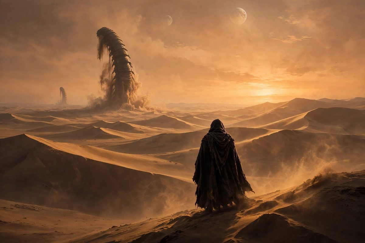 Illustration: a giant sandworm silhouette rising from golden desert dunes at dusk, a lone cloaked figure seen from behind on a dune ridge, twin moons in an orange sky