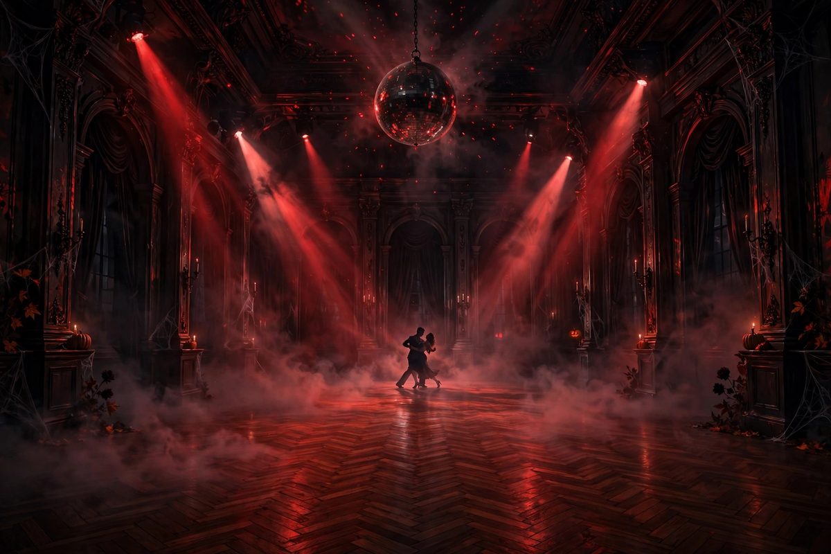 Illustration: a silhouetted dancing couple in a dramatic pose on a ballroom floor under spotlights, deep red lighting and drifting fog, faces in shadow