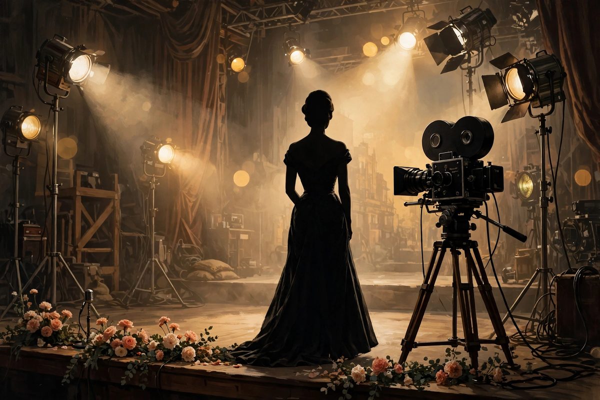 Illustration: a silhouetted actress seen from behind in a long evening gown on a vintage film set under warm spotlights, with a classic film camera and flowers at the front of the stage, faces not shown, no text