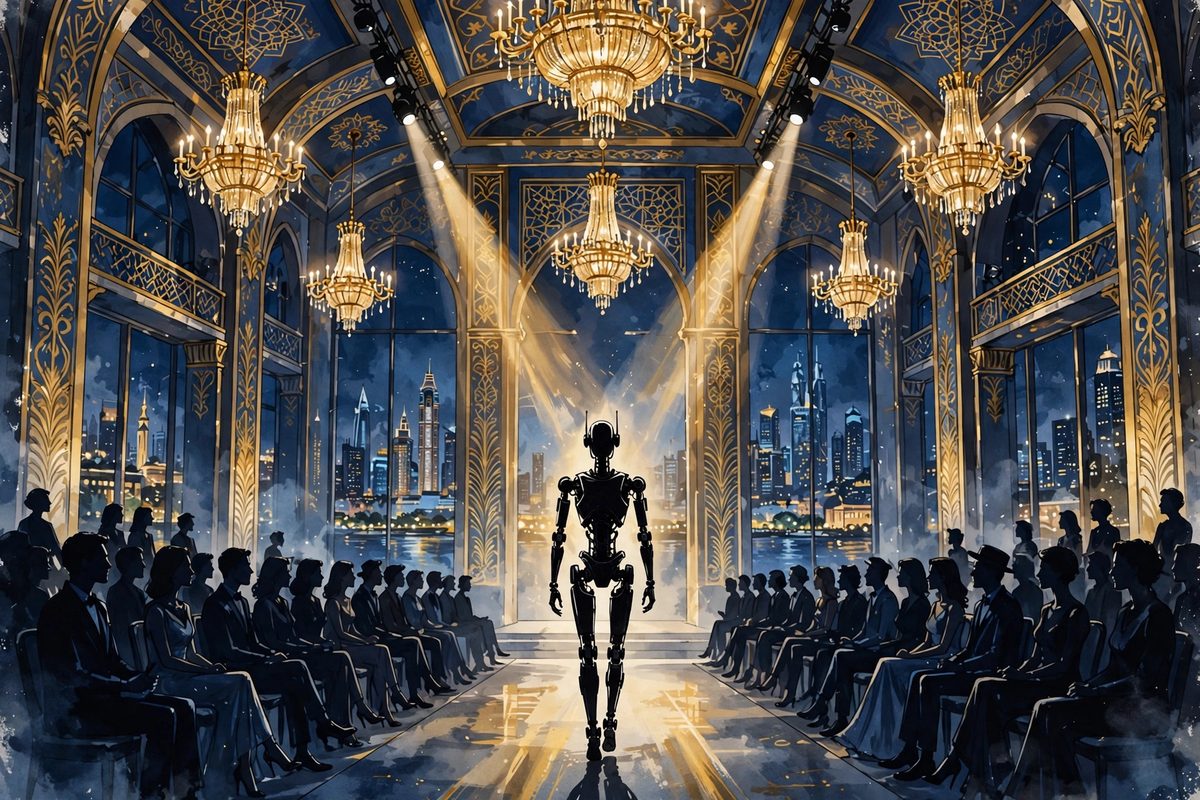 Illustration: a humanoid robot walking a luxury fashion runway in a grand Dubai venue