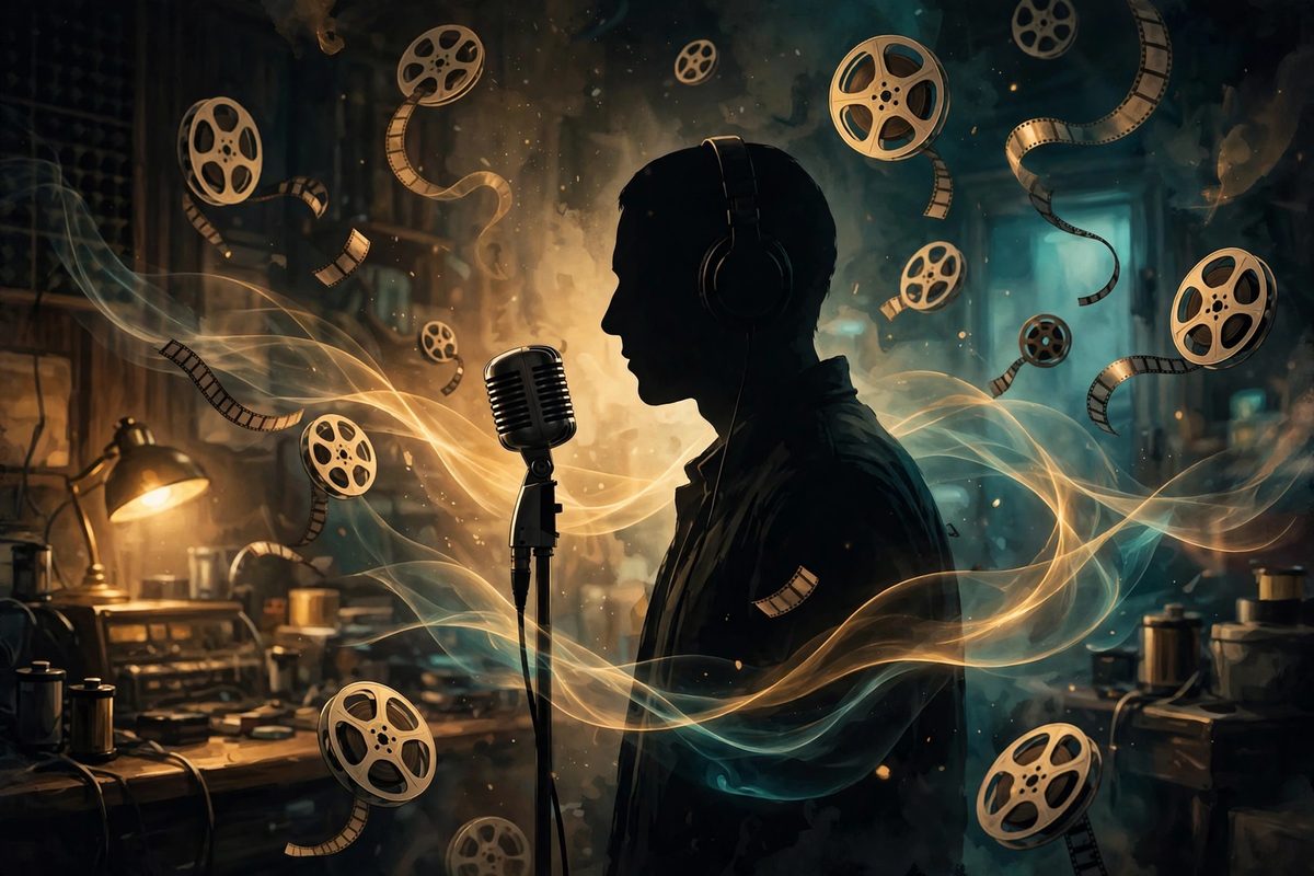 Illustration: a silhouetted voice performer at a vintage studio microphone in a warm golden recording studio, with film reels and sound waves in the air
