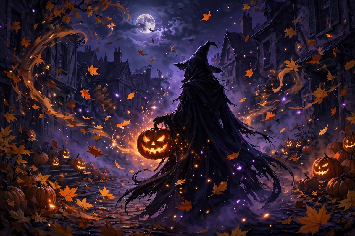 Illustration: a silhouetted cloaked figure seen from behind holding a glowing jack-o-lantern on a moonlit street strewn with autumn leaves and pumpkins