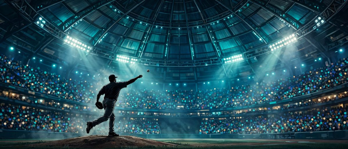 Illustration: a silhouetted baseball player seen from behind throwing a ceremonial first pitch under floodlights in a packed domed stadium