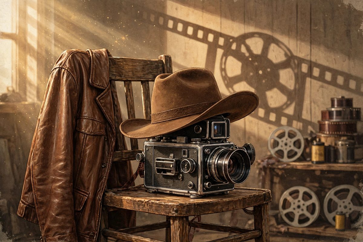 Illustration: a cowboy hat resting on a vintage film camera beside a leather jacket, in warm nostalgic light