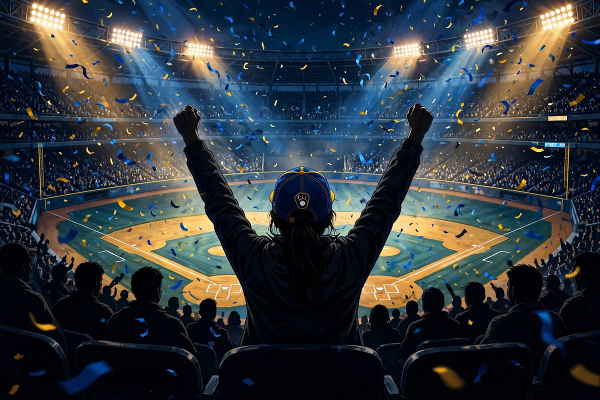 Illustration: a silhouetted woman seen from behind in a front-row seat behind home plate at a night baseball stadium, blue and yellow cap, arms raised as confetti falls, faces not shown, no text