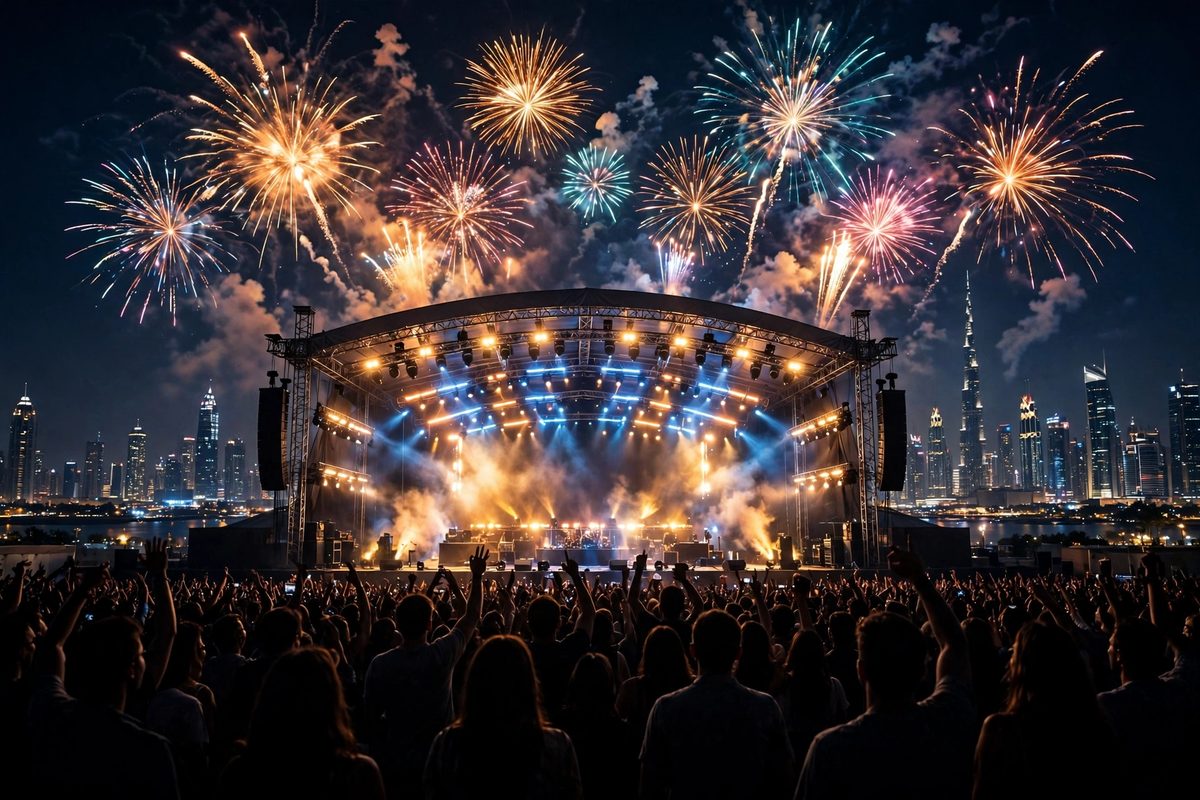 Illustration: a concert stage in Dubai at night with fireworks and a glowing skyline