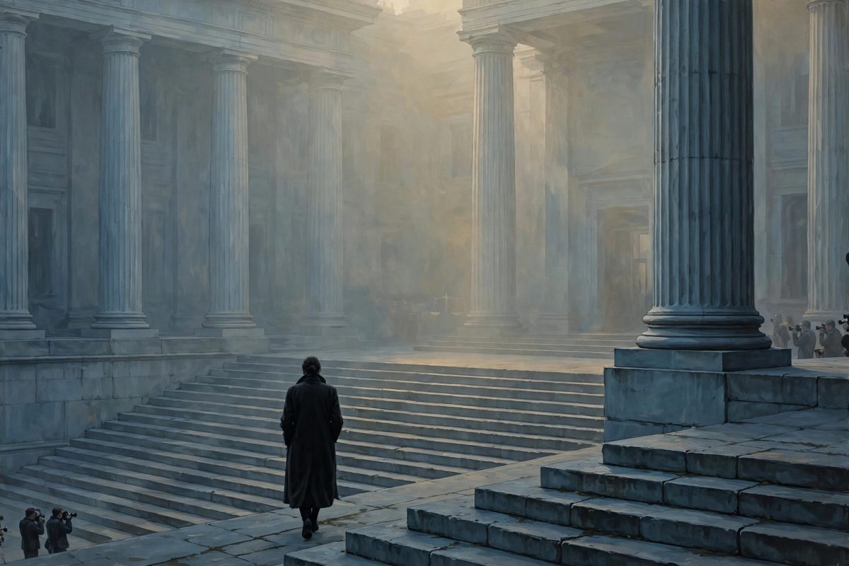 Illustration: a silhouetted woman in a long dark coat seen from behind walking toward wide stone courthouse steps, photographers waiting at a distance, faces not shown