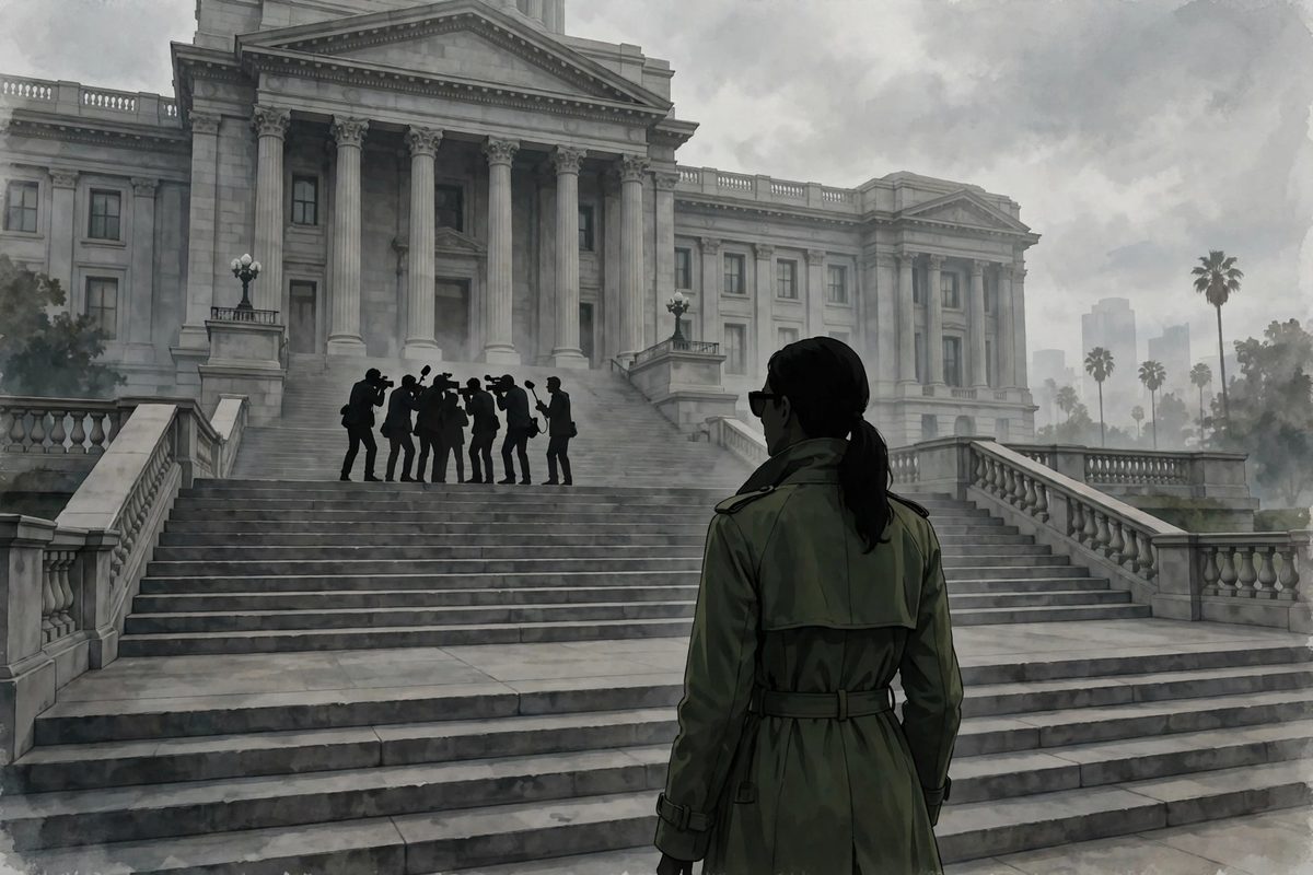 Illustration: a silhouetted woman in a green trench coat and sunglasses seen from behind walking up wide stone courthouse steps, photographers waiting at a distance