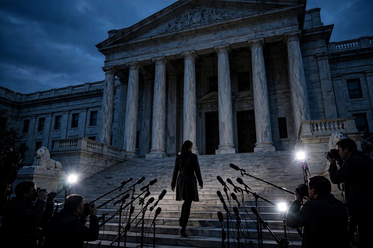 Illustration: a woman's silhouette walking past courthouse cameras at dusk