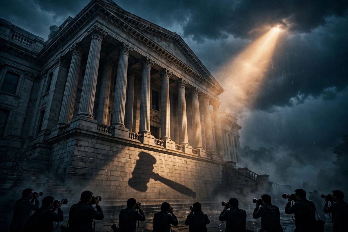 Illustration: a courthouse at dusk with a spotlight beam and photographer silhouettes