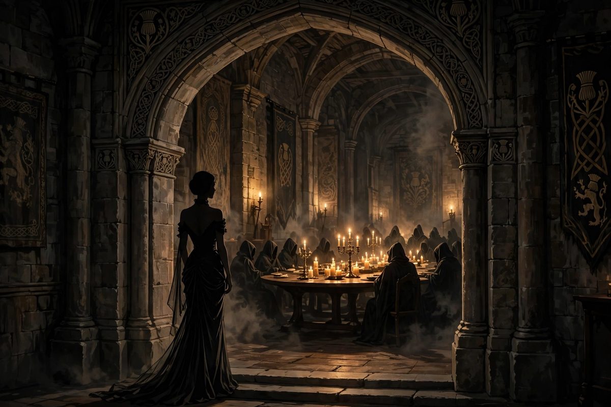 Illustration: a silhouetted woman in an evening dress seen from behind at the entrance of a candlelit castle hall with a long round table ahead