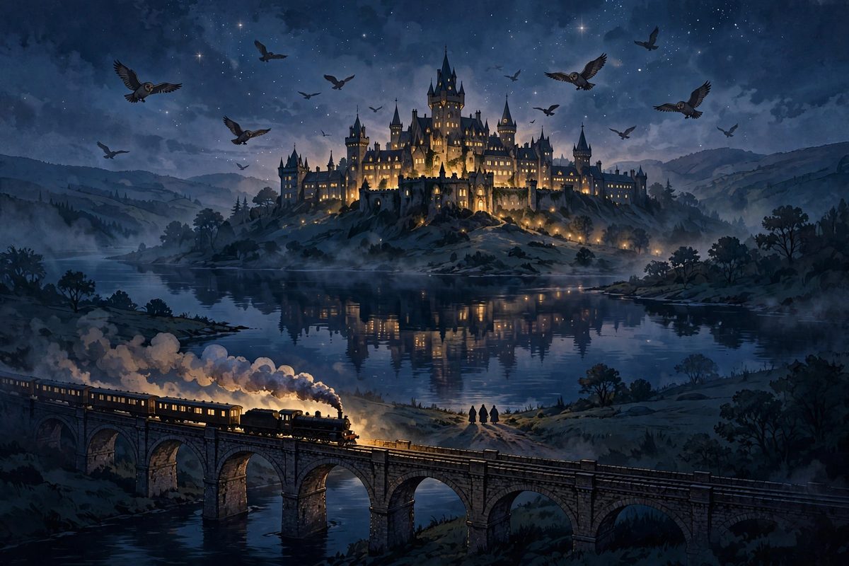 Illustration: silhouettes of three robed figures walking toward a glowing castle school at dusk, with a steam train on a viaduct and owls in a starry sky, faces not shown